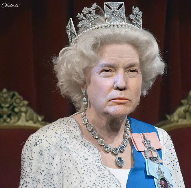 Королева Елизавета с лицом Дональда Трампа рис 8