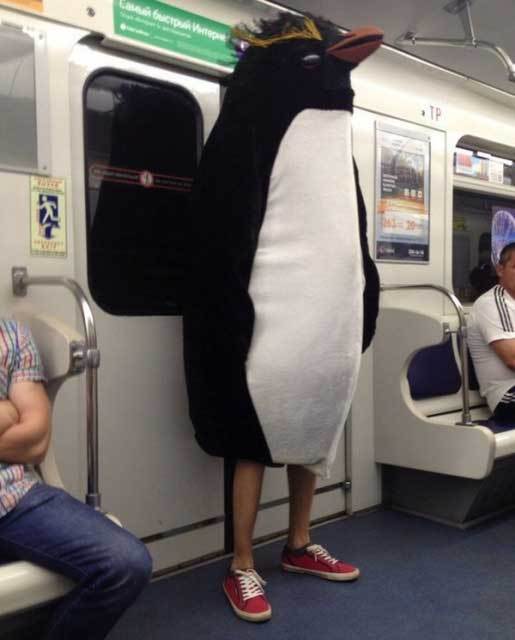 парень в костюме пингвина в метро