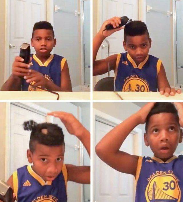 чернокожий мальчик стрижет волосы