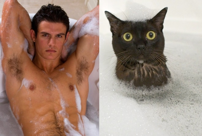 парень и кот в ванне с пеной