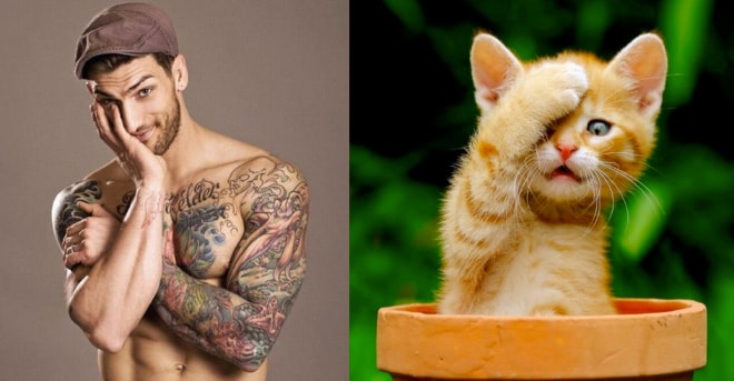 парень в татуировках и рыжий котенок