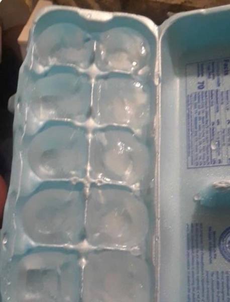 замороженный лед в лотке из-под яиц
