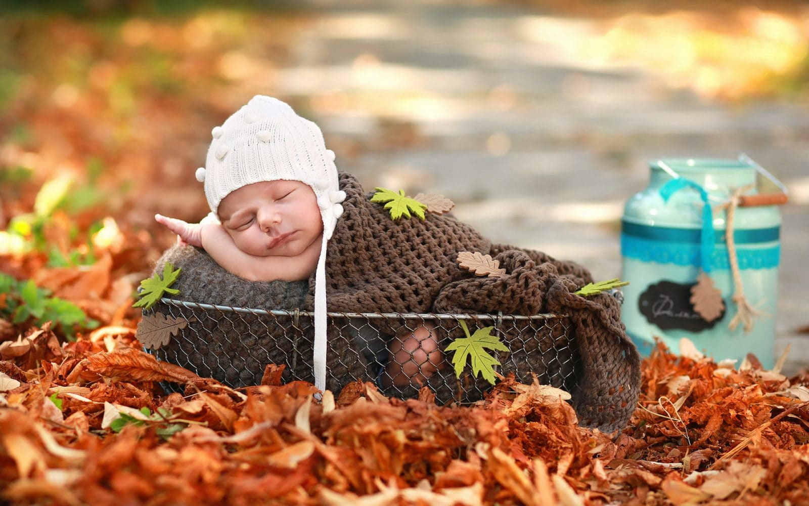 листья осень ребенок лежит в корзинке