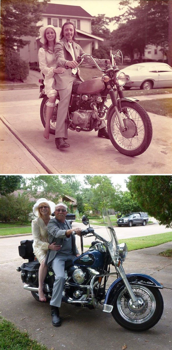 молодые на мотоцикле и старые ан мотоцикле