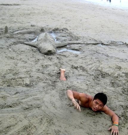 парень и акула из песка
