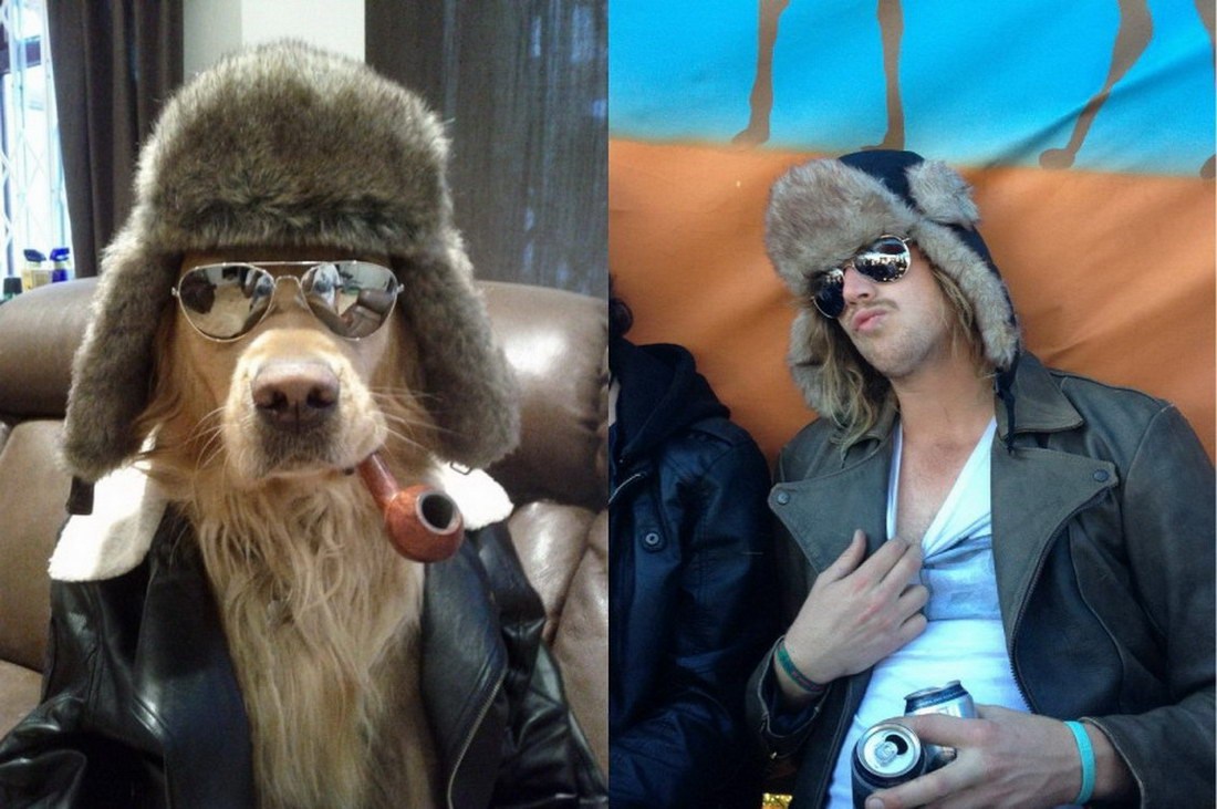 собака и парень в одинаковых шапках и очках