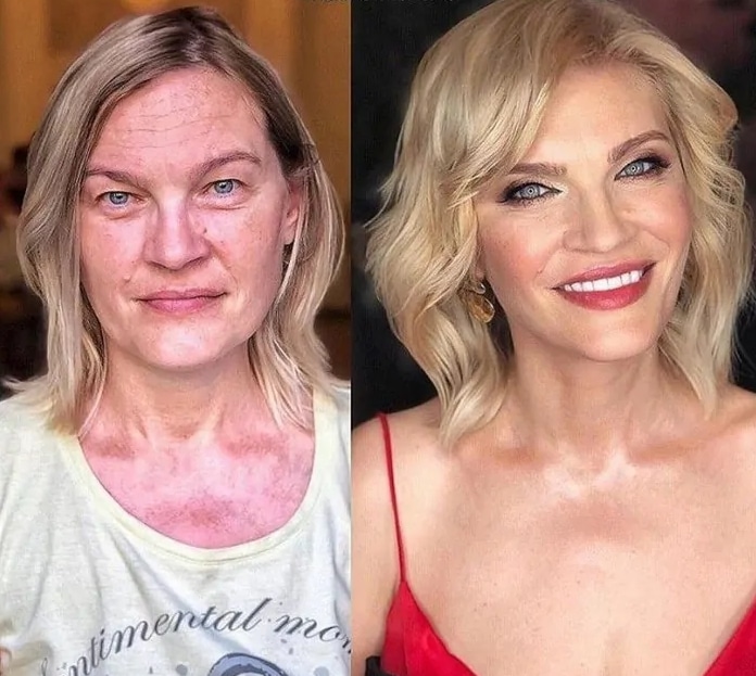 блондинка до и после макияжа