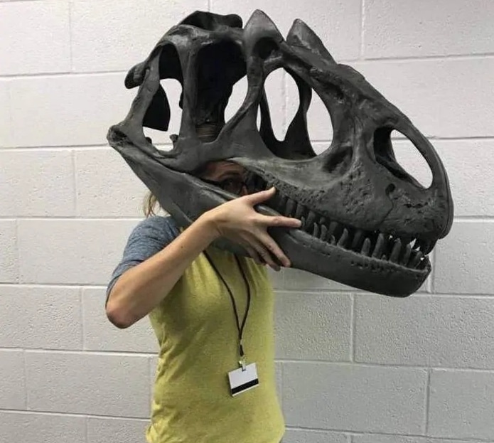 девушка примерила череп динозавра