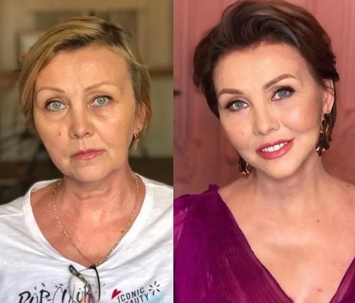 женщина до и после макияжа