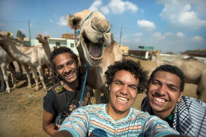 парни фотографируются с верблюдом