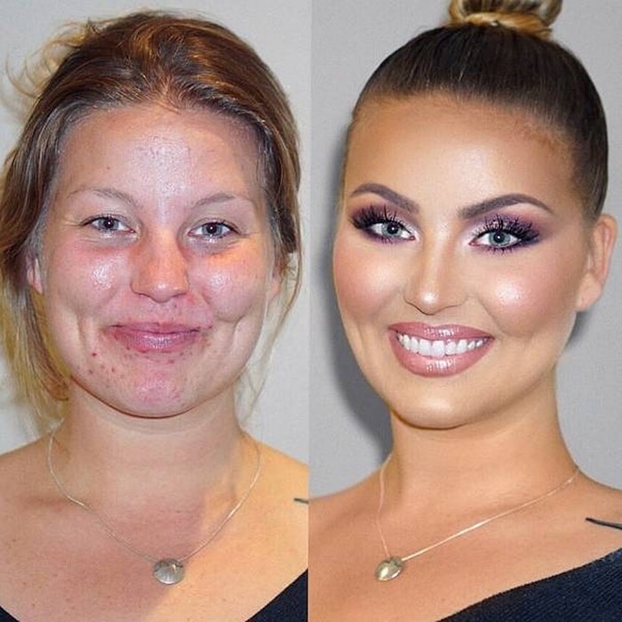 женщина до и после макияжа