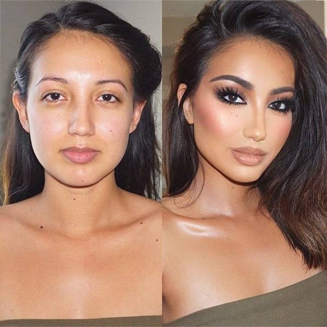 брюнетка до и после макияжа