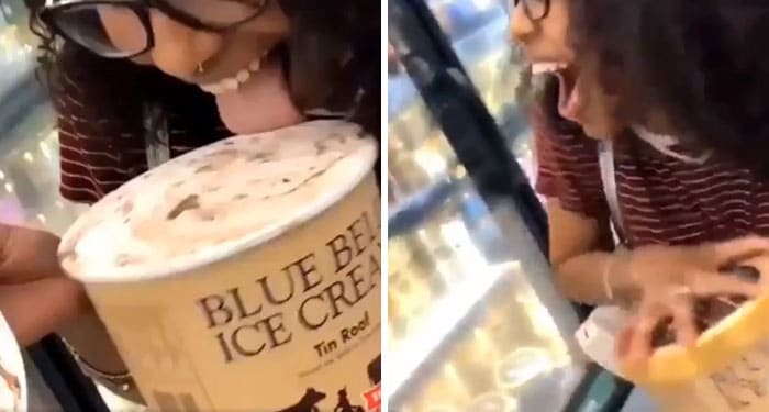 женщина облизывает мороженое
