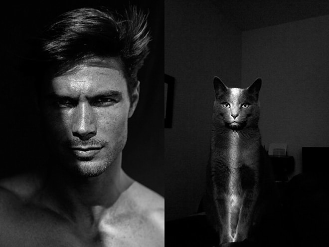 черно-белое фото кота и парня