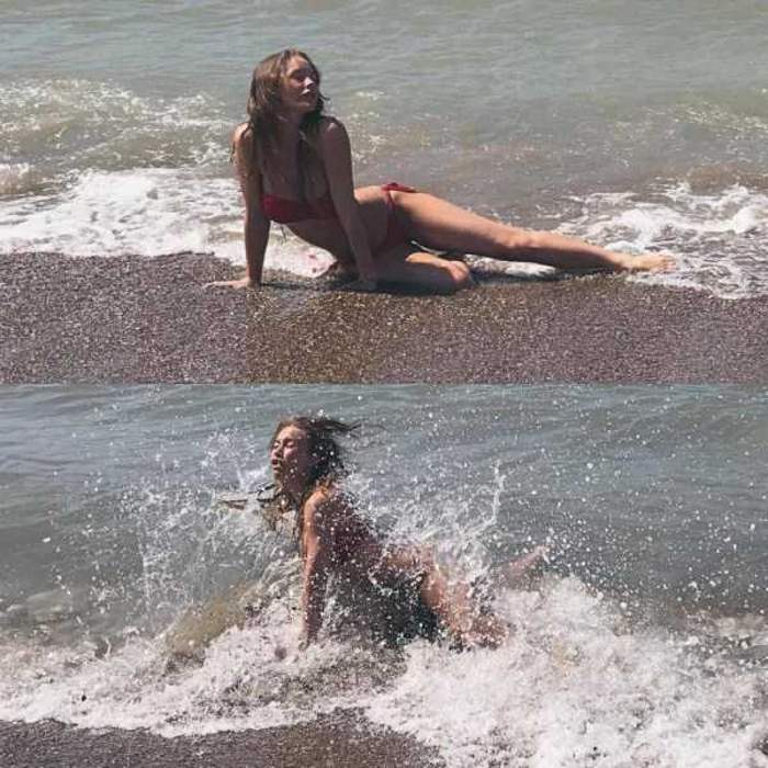 девушка позирует на берегу моря