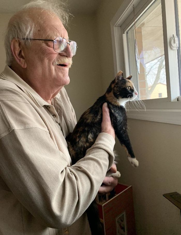 пожилой мужчина в очках с кошкой на руках
