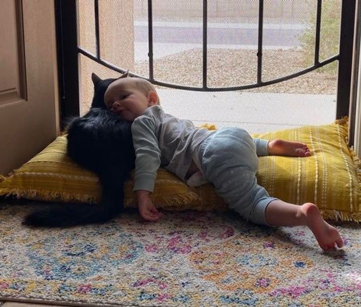 ребенок спит, лежа головой на черном коте