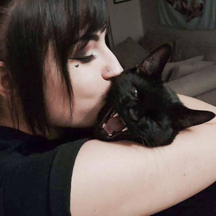 девушка целует черного кота