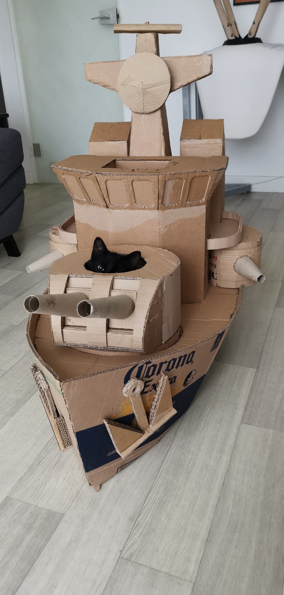 черная кошка в корабле из картона