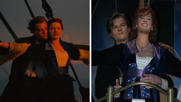 кадр из фильма Титаник и восковые фигуры Джека и Роуз